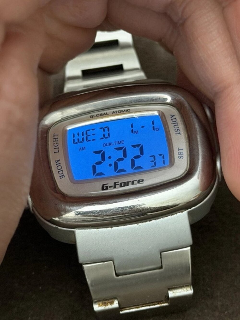 G-Force Global Atomic Quartz Digital Watch Dual Time Backlight Silver Bracelet